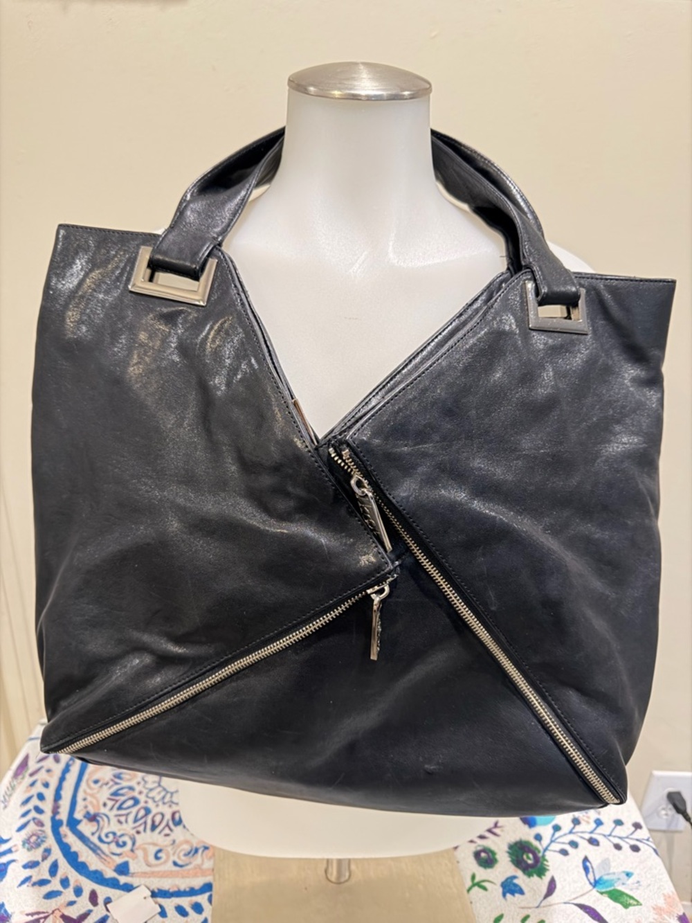 Kooba Black Leather Angled-Zip Shoulder Tote